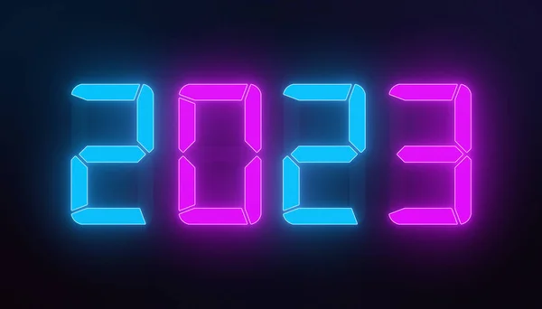 暗い背景の上に新しい年2023と青とマゼンタでLedディスプレイのイラスト 新年を表します2023 休日の概念 — ストック写真