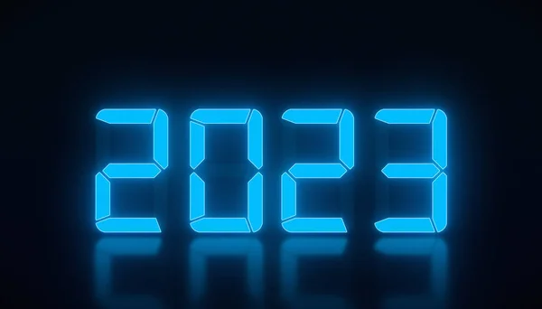 Ілюстрація Світлодіодного Дисплея Синім Новим 2023 Роком Відбиваючій Підлозі Представляє — стокове фото