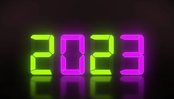 Illustration Led Display Green Magenta New Year 2023 Reflective Floor — Stock Photo, Image