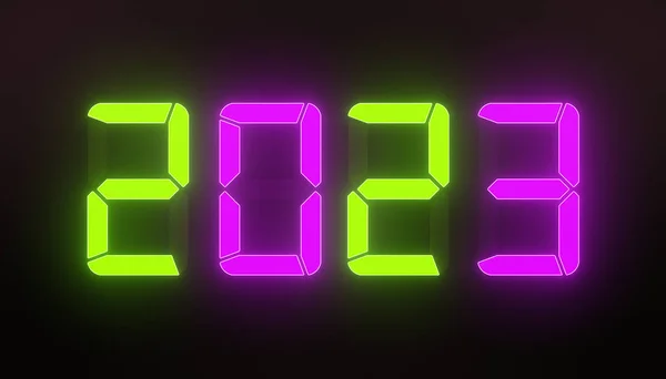 Ілюстрація Світлодіодного Дисплея Зеленому Пурпуровому Кольорі Новим Роком 2023 Темному — стокове фото