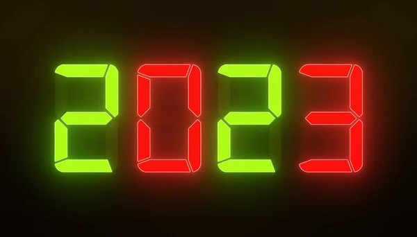 暗い背景の上に新しい年2023と赤と緑のLedディスプレイのイラスト 新しい年を表します2023 休日の概念 — ストック写真