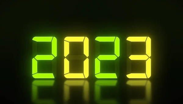 Illustration Led Display Green Yellow New Year 2023 Reflective Floor — Stock Photo, Image
