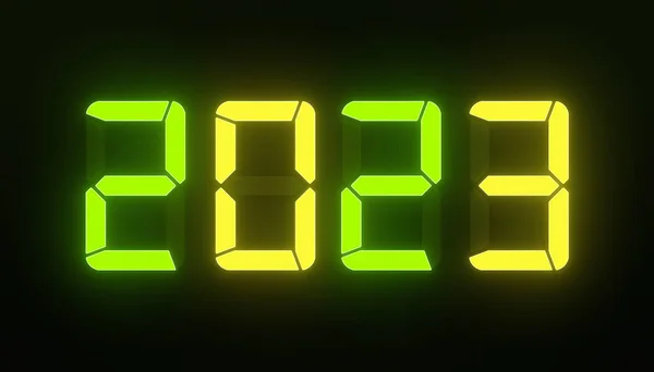 2023 Yılının Koyu Arkaplanının Üzerindeki Yeşil Sarı Renkli Led Gösterimi — Stok fotoğraf