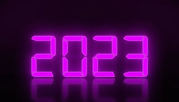 Иллюстрация Светодиодного Дисплея Пурпурного Цвета 2023 Годом Отражающем Полу Новый — стоковое фото