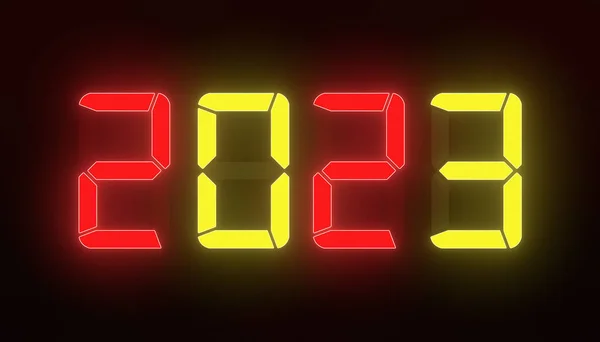 暗い背景の上に新しい年2023と赤と黄色でLedディスプレイのイラスト 新年を表します2023 休日の概念 — ストック写真