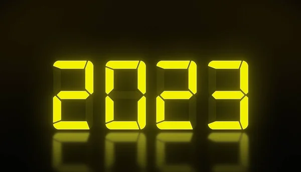 Illustration Led Display Yellow New Year 2023 Reflective Floor Represents — Stock Photo, Image