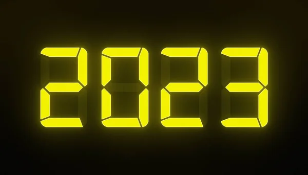 暗い背景の上に2023年の新年と黄色のLedディスプレイのビデオアニメーション 新年を表します2023 休日の概念 — ストック写真