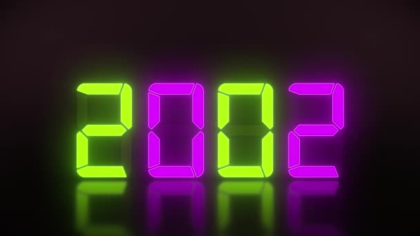 反射床の上に2000年から2023年まで連続して緑とマゼンタでLedディスプレイのビデオアニメーション 新しい年を表します2023 休日の概念 — ストック動画