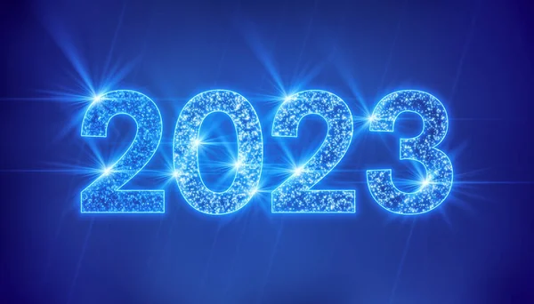 Illustration of abstract neon light in blue with the numbers 2023 - represents the new year - holiday concept