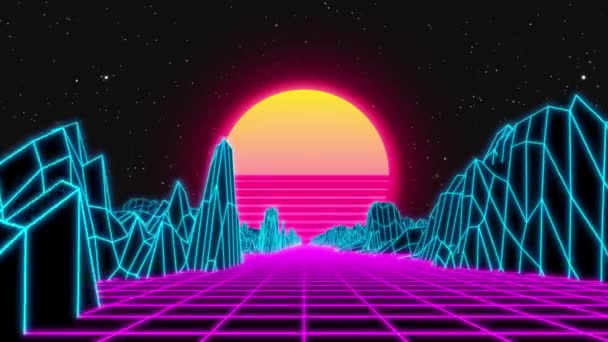 未来の80年代ダイナミックSynthwaveレトロスタイルのナイトライドの3Dアニメーション ワイヤーフレームモーションデザインの背景 — ストック動画