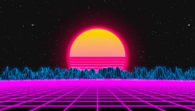 Fütürist 80 'lerin dinamik sentetik retro dalgası çizimi - apsctact wirefram arkaplanı