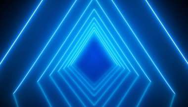 Yansıyan zeminde mavi renkli parlayan neon tünelin çizimi. - Soyut arkaplan