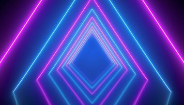Yansıyan zeminde mavi ve morumsu parlak neon tüneller var. - Soyut arkaplan