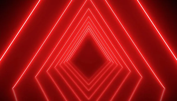 Illustation of glowing neon tunnel in red on reflecting floor. - Abstract background