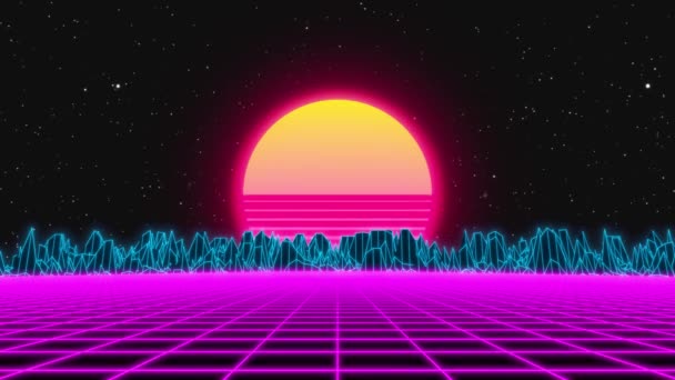 未来の80年代ダイナミック合成波レトロスタイルナイトライドの3Dアニメーション ワイヤーフレーム モーションデザインの背景 — ストック動画