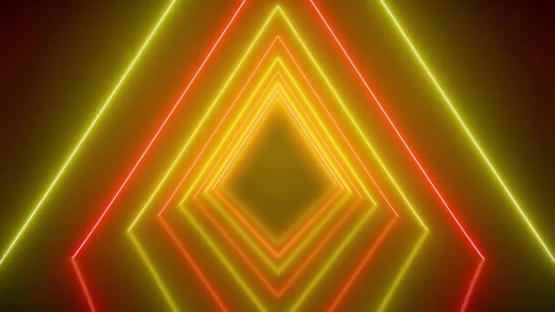 Відео Анімація Світячого Неонового Тунелю Червоно Жовтому Відбиваючій Підлозі Абстрактний — стокове відео