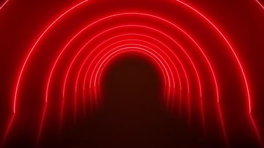 Yansıyan zeminde kırmızı ışıklı neon tünelin video animasyonu. - Soyut arkaplan - Kusursuz döngü