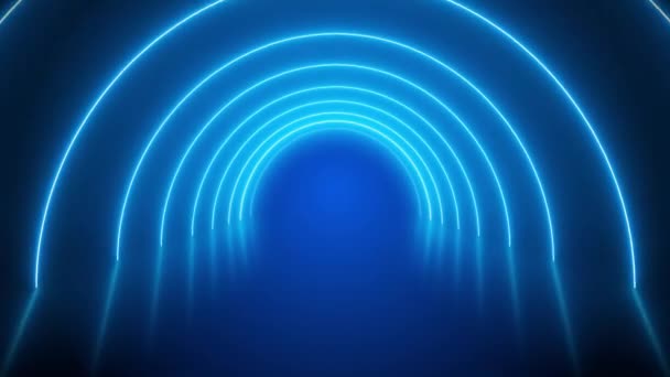 Видеоанимация Светящегося Неонового Туннеля Синем Отражающем Полу Абстрактный Фон Бесшовный — стоковое видео
