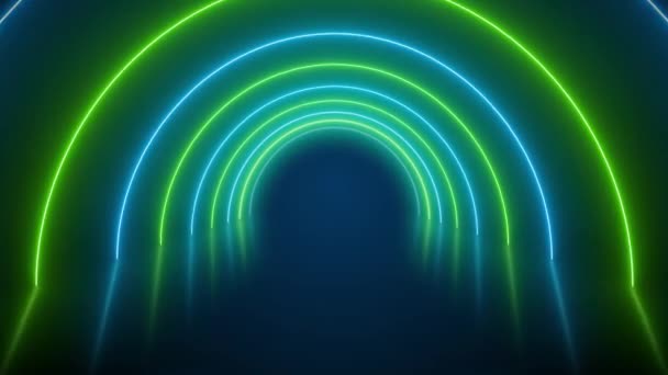 Animação Vídeo Túnel Néon Brilhante Verde Azul Chão Refletindo Fundo — Vídeo de Stock