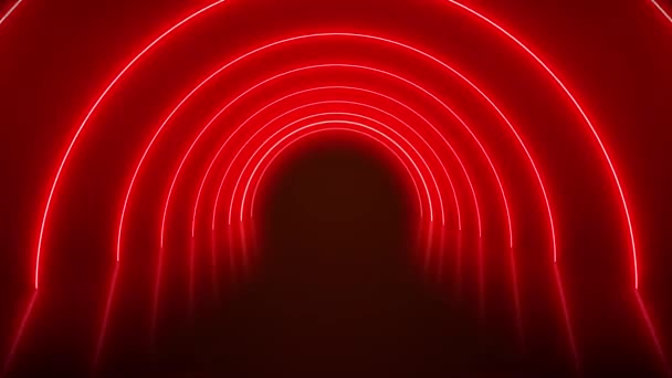 Видеоанимация Светящихся Неоновых Туннелей Красным Цветом Отражающем Полу Абстрактный Фон — стоковое видео
