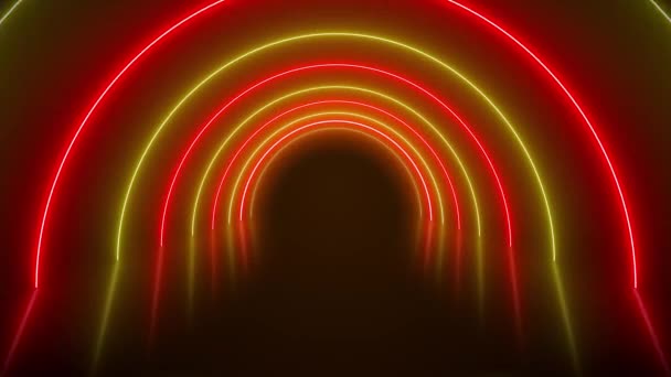 Video Animatie Van Gloeiende Neon Tunnel Rood Geel Reflecterende Vloer — Stockvideo