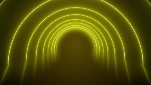 Видеоанимация Светящихся Неоновых Туннелей Желтом Отражающем Полу Абстрактный Фон Бесшовный — стоковое видео
