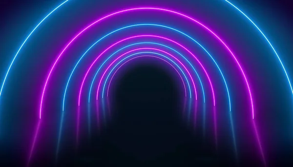 Illustation of glowing neon tunnel in blue and magenta on reflecting floor. - Abstract background