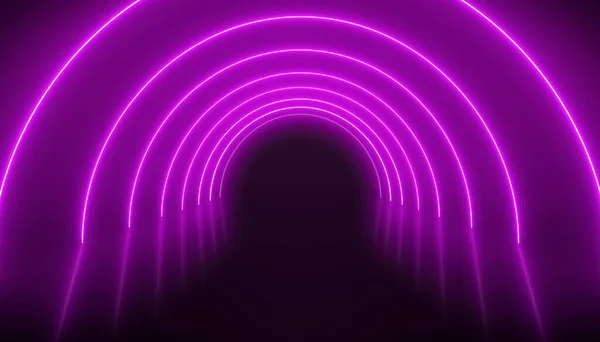 Illustation of glowing neon tunnel in magenta on reflecting floor. - Abstract background