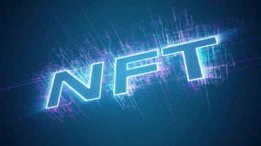 Video animation of a text with the message nft on blue background - seamless loop