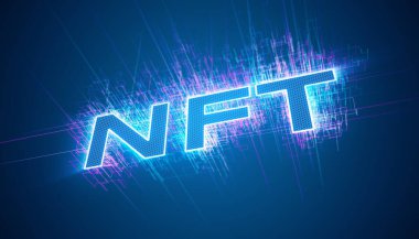 Illustation of a text with the message nft on blue background - digital currency - cryptocurrency