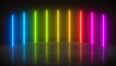 Illustation of bright colorful neon lines on reflective ground. - Abstract background