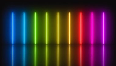Illustation of bright colorful neon lines on reflective ground. - Abstract background