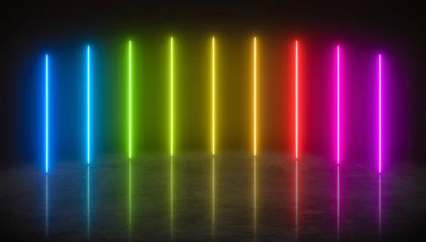 Illustation of bright colorful neon lines on reflective ground. - Abstract background