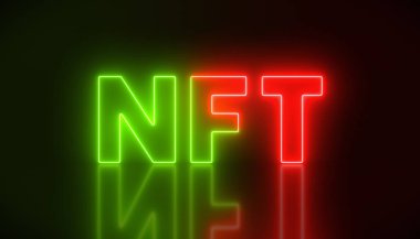 illustation of luminous text with message nft on dark green, red background - abstract background