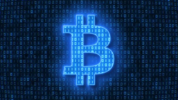Video Animation Bitcoin Sign Light Blue Background Dark Blue Coding — Stockvideo