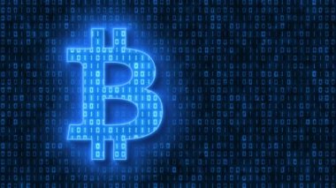Video animation - Bitcoin sign in light blue and in the background in dark blue a coding of binary code. - moving abstract background