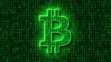 Video animasyonu - Bitcoin işareti açık yeşil ve arkaplanda koyu yeşil kod kodlaması. - soyut arkaplan taşınıyor