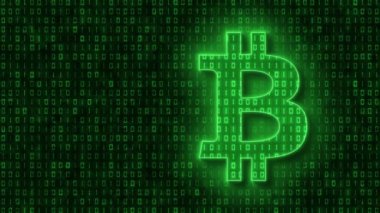 Video animation - Bitcoin sign in light green and in the background in dark green a coding of binary code. - moving abstract background