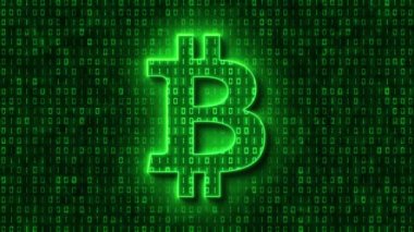 Video animation - Bitcoin sign in light green and in the background in dark green a coding of binary code. - moving abstract background