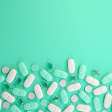 3d rendering of some green and white tablets, pills - Medicine on green background.