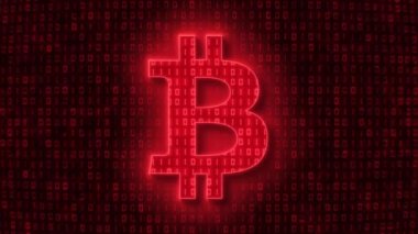 Video animation - Bitcoin sign in light red and in the background in dark red a coding of binary code. - moving abstract background