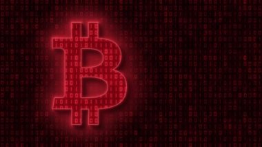 Video animation - Bitcoin sign in light red and in the background in dark red a coding of binary code. - moving abstract background