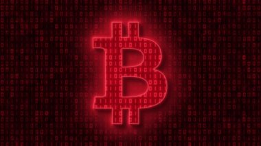 Video animation - Bitcoin sign in light red and in the background in dark red a coding of binary code. - moving abstract background