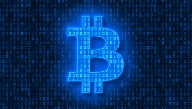 Illustation of bitcoin sign in light blue and in the background in dark blue a coding of binary code. - abstract background