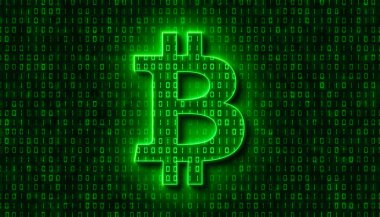 Illustation of bitcoin sign in light green and in the background in dark green a coding of binary code. - abstract background