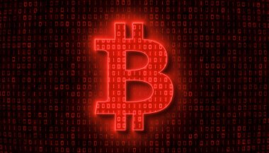 Illustation of bitcoin sign in light red and in the background in dark red a coding of binary code. - abstract background