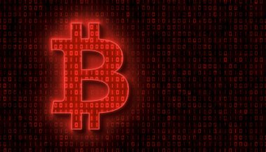 Illustation of bitcoin sign in light red and in the background in dark red a coding of binary code. - abstract background