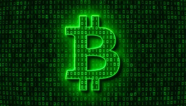 Illustation of bitcoin sign in light green and in the background in dark green a coding of binary code. - abstract background