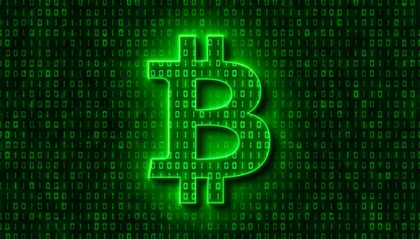 Illustation of bitcoin sign in light green and in the background in dark green a coding of binary code. - abstract background