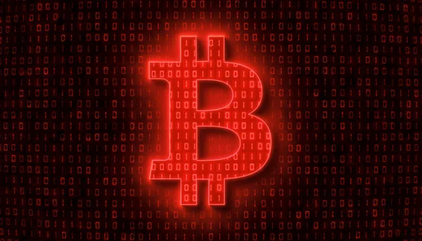 Illustation of bitcoin sign in light red and in the background in dark red a coding of binary code. - abstract background